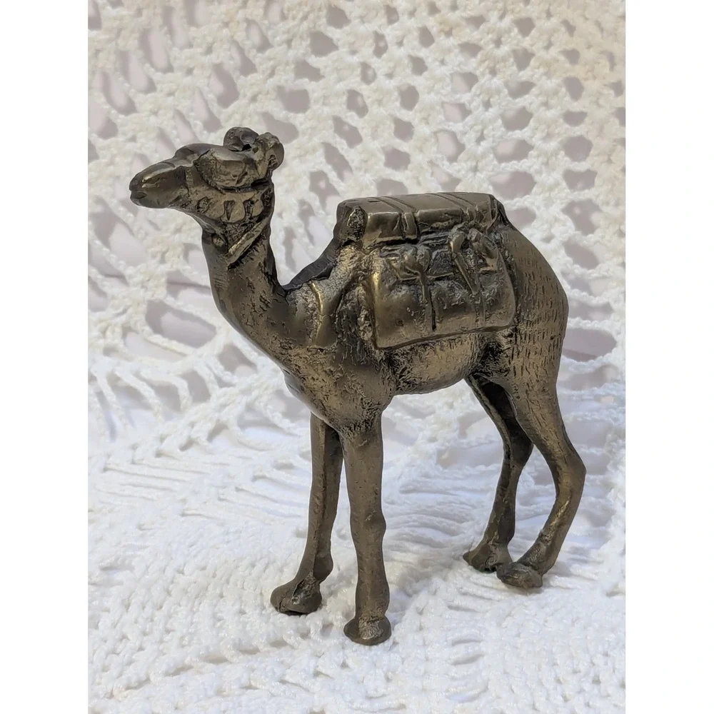 Vintage Brass Camel Figurine Dromedary with Packs Miniature Statue Desert Decor